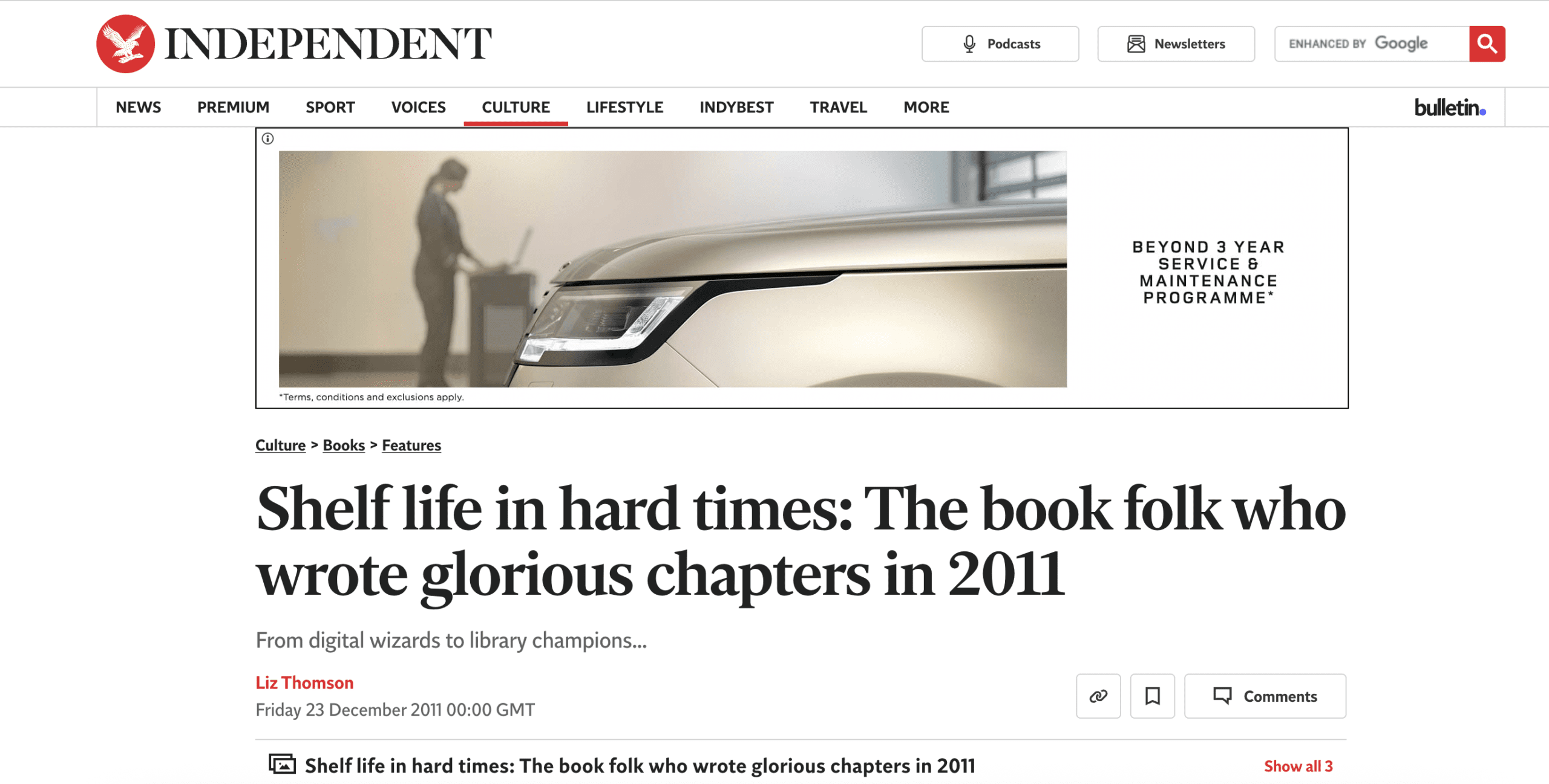 Screenshot of The Independent news article titled Shelf life in hard times: The book folk who wrote glorious chapters in 2011, featuring publishing icons like Nosy Crow, with a header image of a person near a desk and a close-up of a car.
