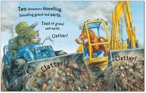 Two dinosaurs, one Triceratops and one T. rex, drive construction vehicles shovelling gravel and earth, with a digger in the background. The words Clatter! and a rhyme appear in the scene.